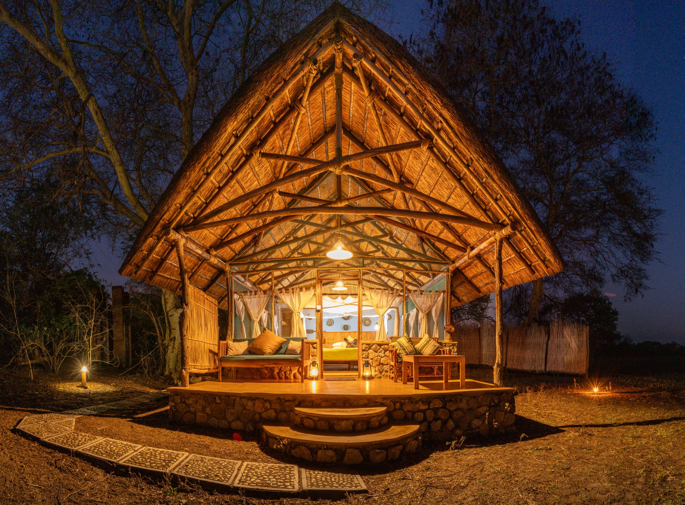 Chalet 9 at Mvuu Camp at dusk.